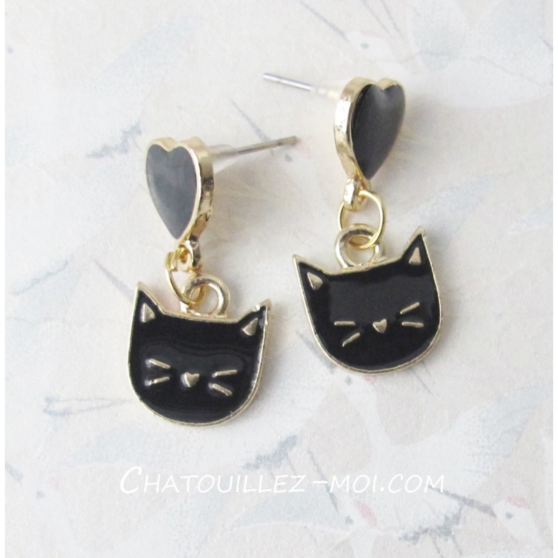 Boucles d'oreilles chat noir et coeur noir