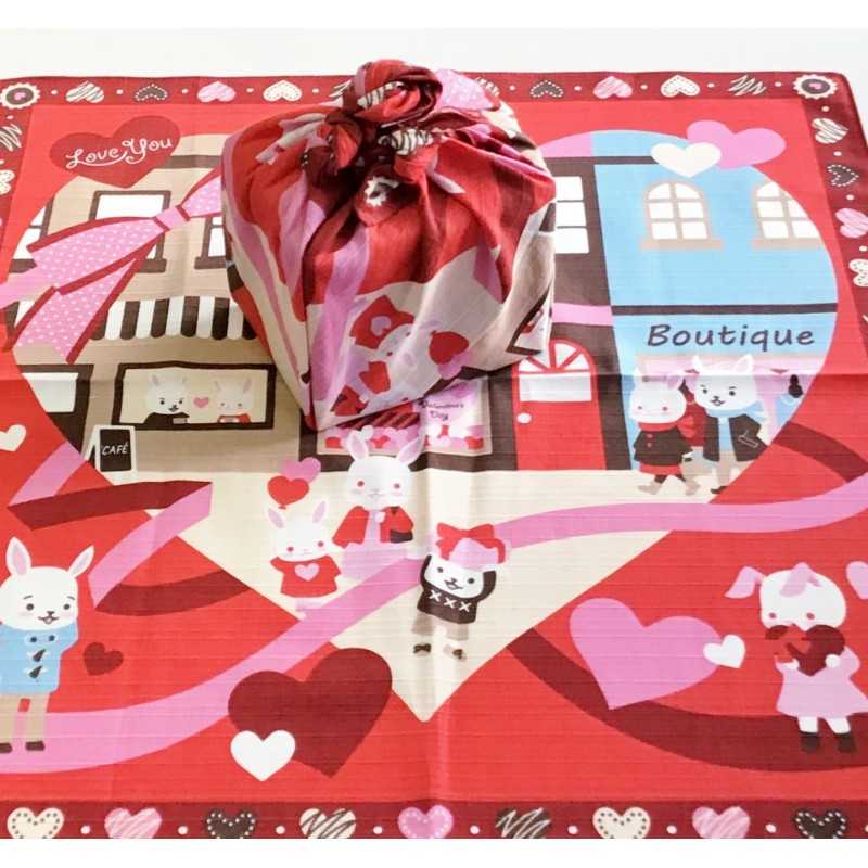 Furoshiki Japonais Saint-Valentin – Motif Lapin & Chocolaterie – 50x50 cm