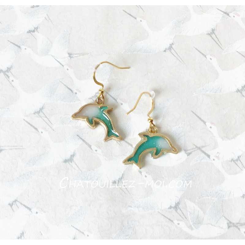Boucles d'oreilles dauphin vert et doré