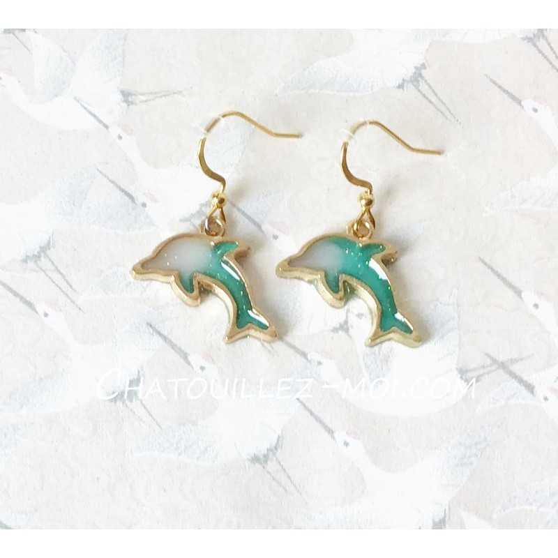 Boucles d’oreilles dauphin vert et doré – Fabrication française