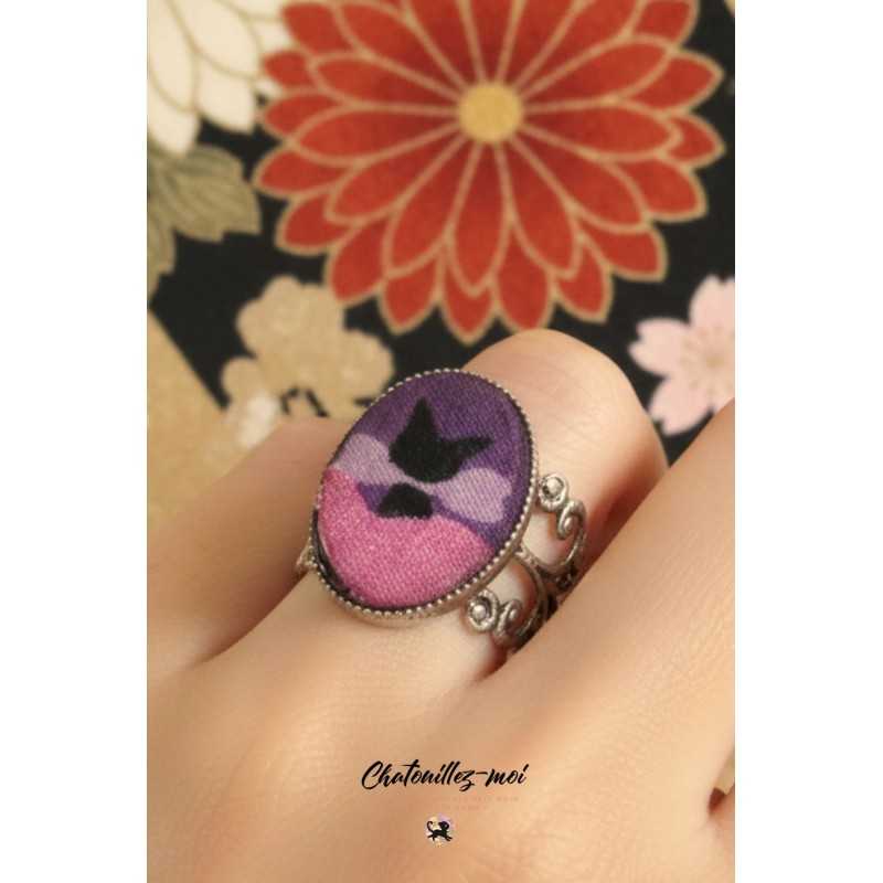 Bague Chat Noir en métal argenté et tissu japonais – Bijou artisanal français