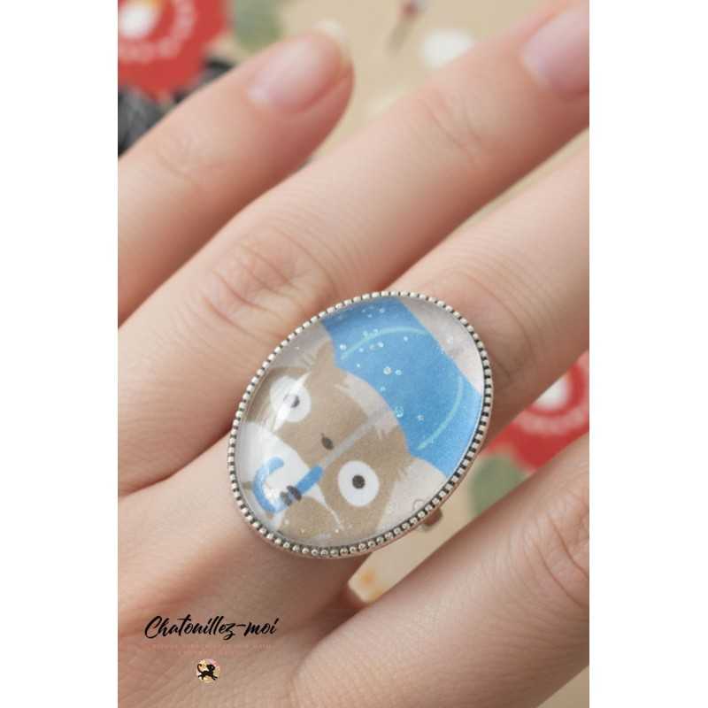 Bague Totoro réglable en métal argenté, résine et papier 🇫🇷