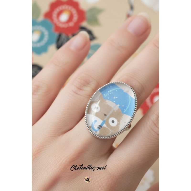 Bague Totoro réglable en métal argenté, résine et papier 🇫🇷