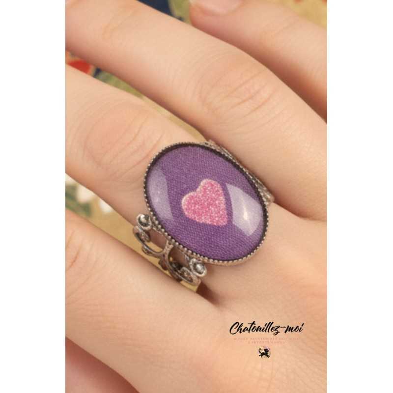 Bague cœur réglable en métal argenté – Bijou poétique japonais fait main