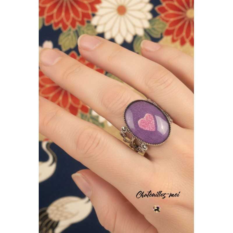 Bague cœur réglable en métal argenté – Bijou poétique japonais fait main