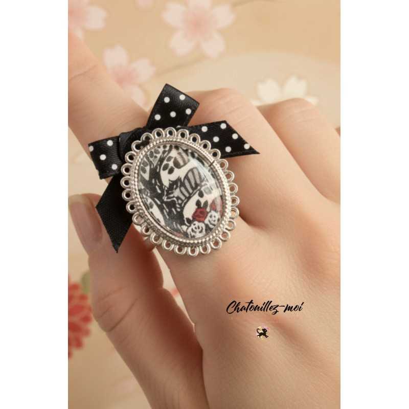 Bague chat réglable en métal argenté – Bijou japonais original fait main
