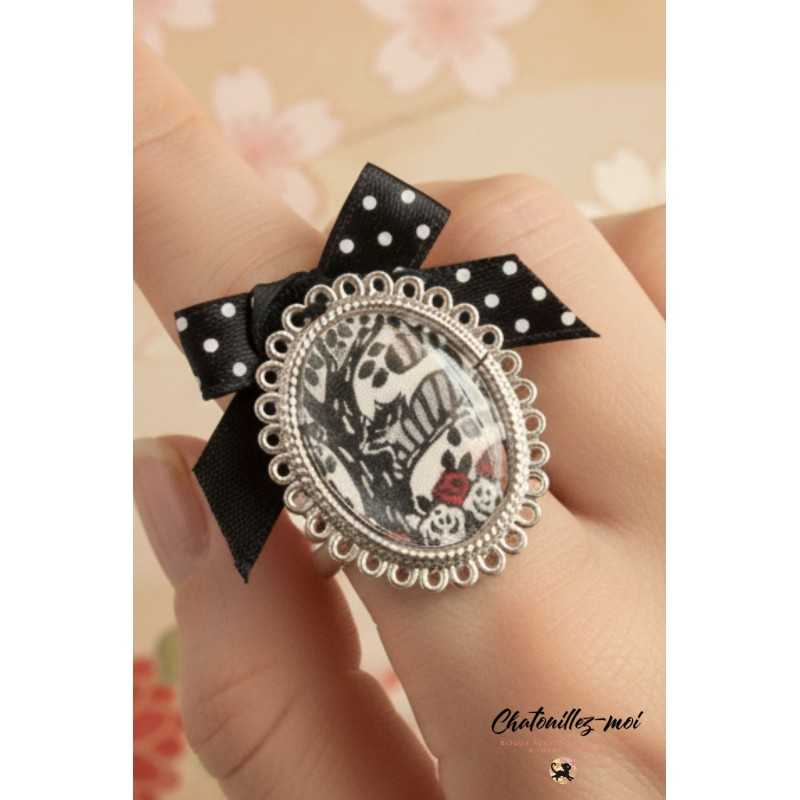 Bague chat réglable en métal argenté – Bijou japonais original fait main