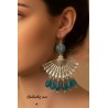 Boucles d’oreilles éventail argenté avec perles bleues – Style asiatique chic et rétro