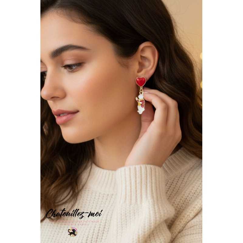 Boucles d'oreilles Lapin Alice et cœur rouge