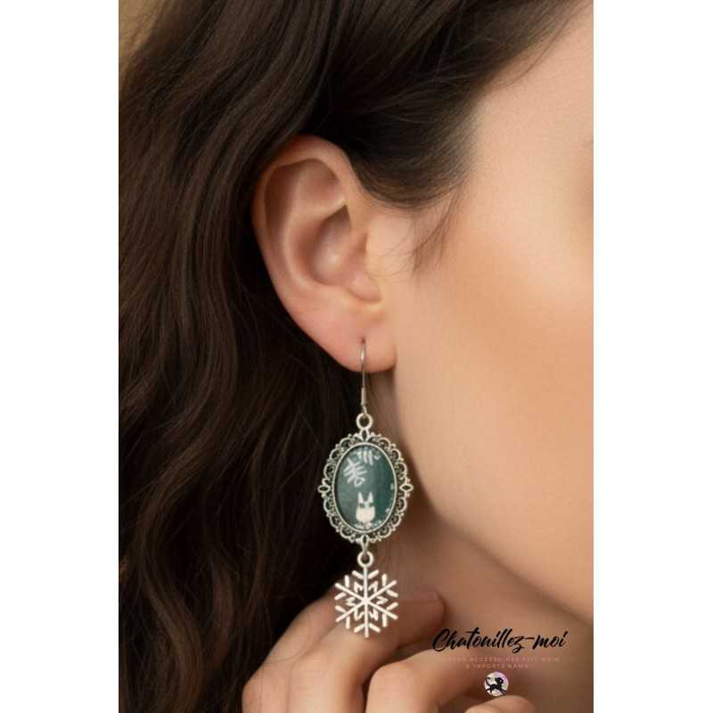 Boucles d’oreilles Totoro en métal argenté, papier japonais et résine