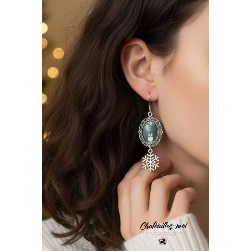 Boucles d’oreilles Totoro en métal argenté, papier japonais et résine