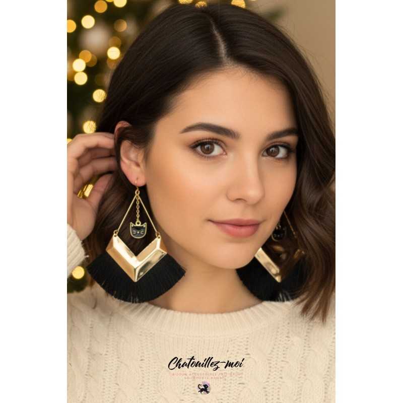 Boucles d’oreilles éventail noir et or avec chat noir – Bijoux chic et rétro