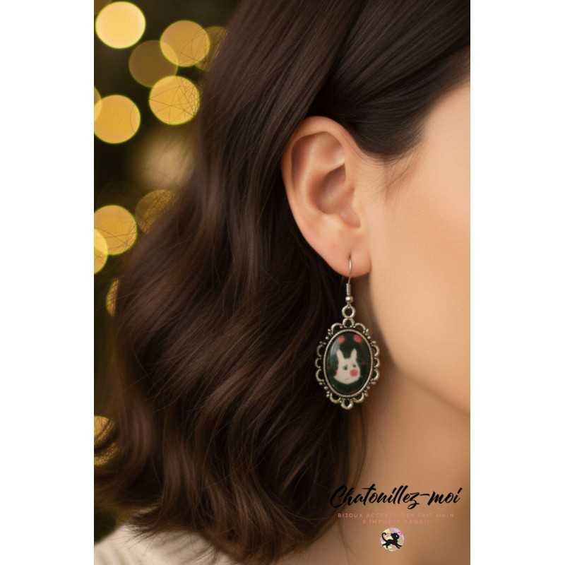 Boucles d’oreilles Totoro en métal argenté, papier japonais et résine