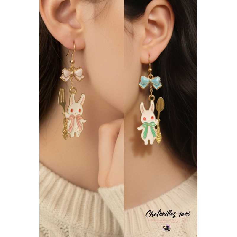 Boucles d’oreilles Lapin Rose et Lapin Bleu – Style fantaisie kawaii