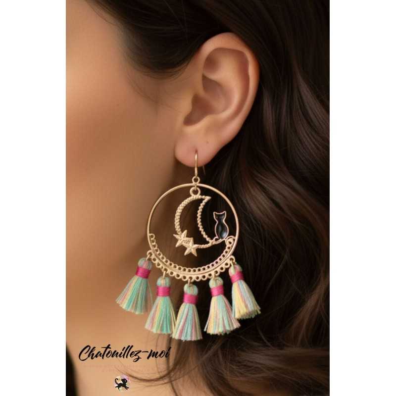 Boucles d'oreilles chat créole et pompons colorés