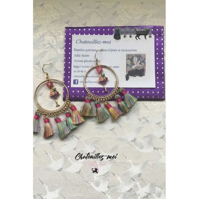 Boucles d'oreilles créoles cocktail et pompons colorés