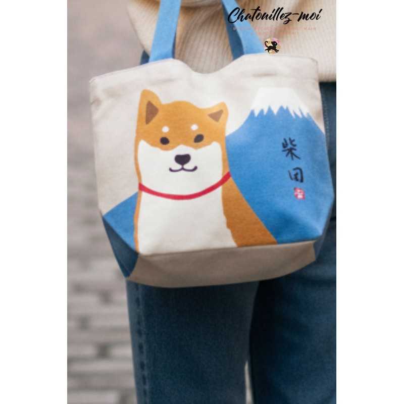 Mini Totebag Bleu avec Shiba et Mont Fuji – Sac Bento Kawaii Import Japonais