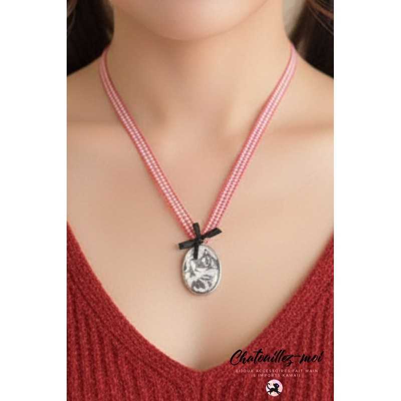 🐱 Collier Chat Noir en Métal Argenté et Ruban Vichy – Élégance Féline & Fait Main