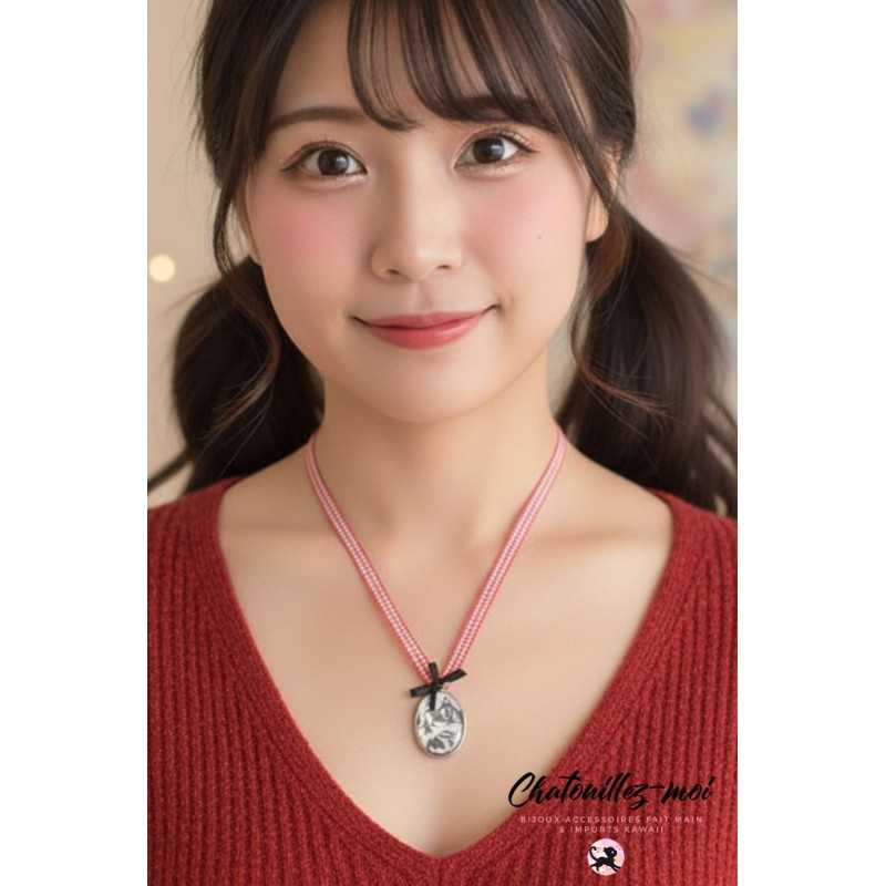 🐱 Collier Chat Noir en Métal Argenté et Ruban Vichy – Élégance Féline & Fait Main